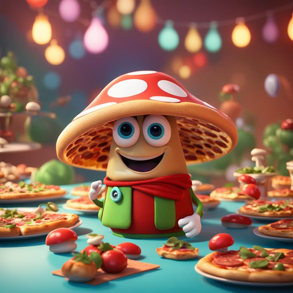 Mushroom Character at Pizza Party: Pixar-Style 3D Art