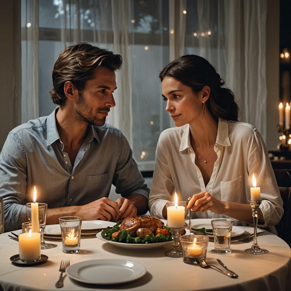 Hyperrealistic Couple's Candlelit Dinner