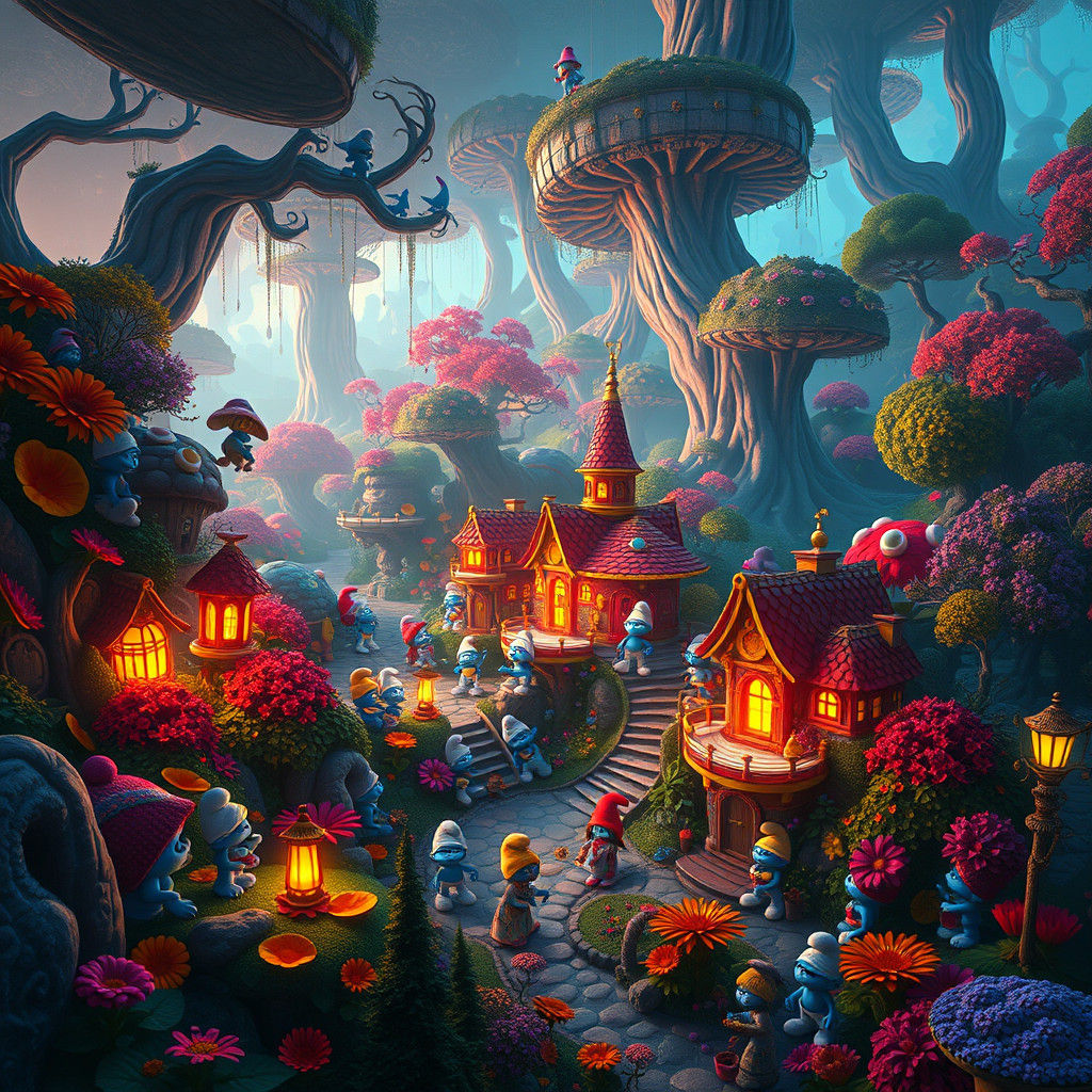 Psychedelic Smurf Village in a Fantasy Forest