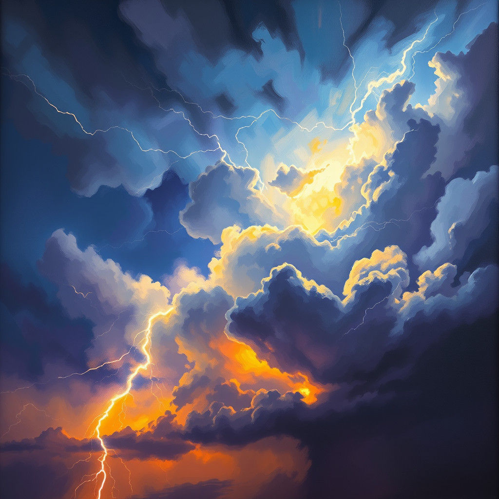 Colossal Lightning Bolt Illuminates Stormy Sky as Impasto Pa...
