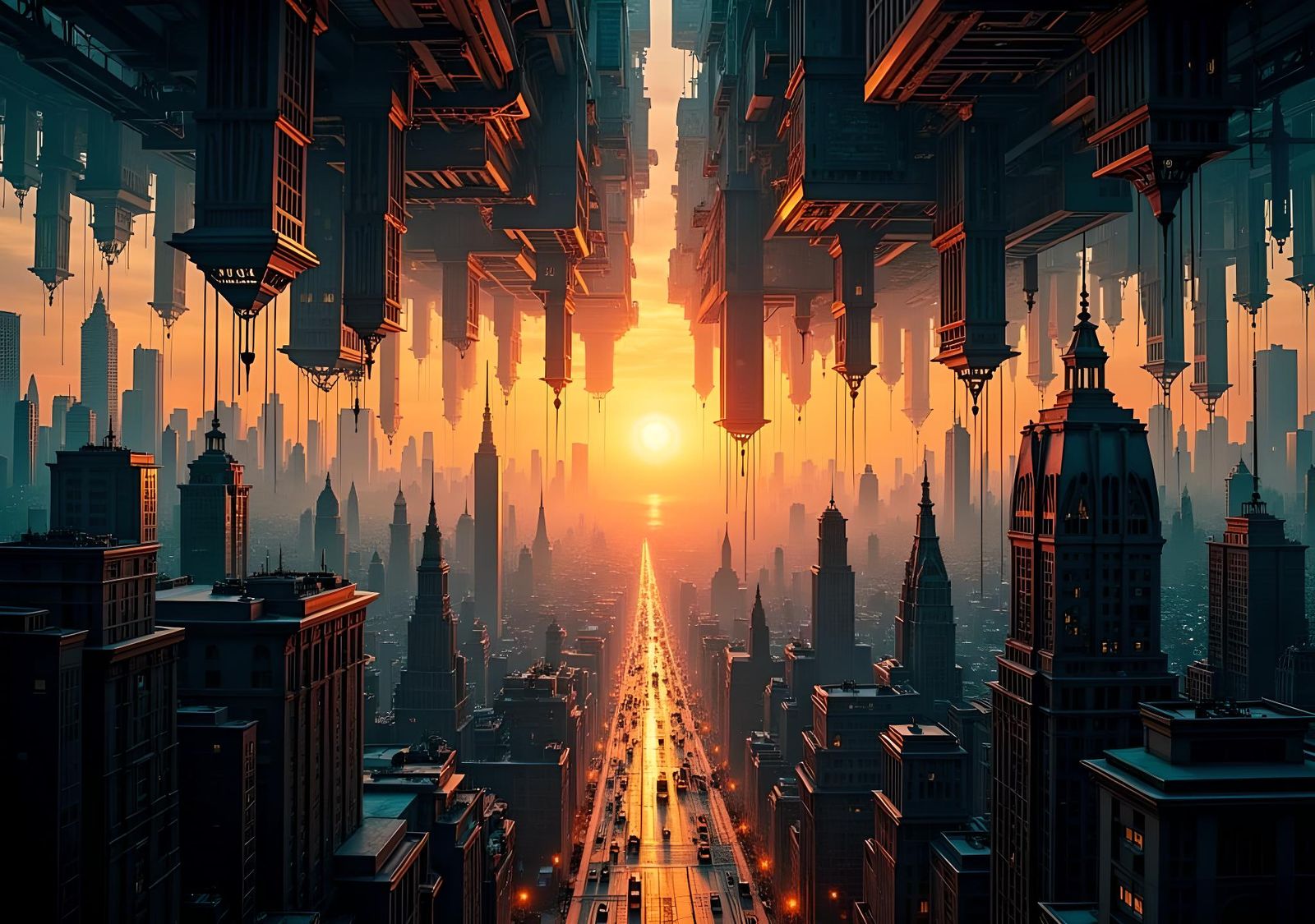 Surreal Inverted Cityscape at Sunset