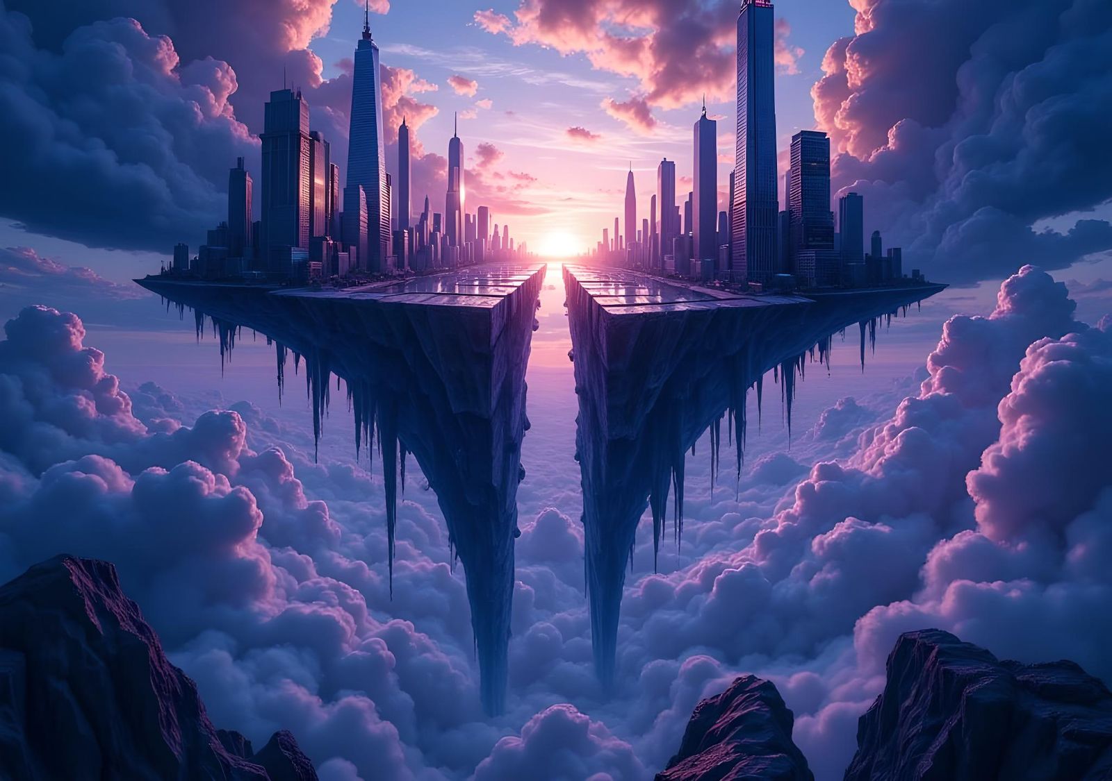 Surreal Inverted Cityscape at Sunset