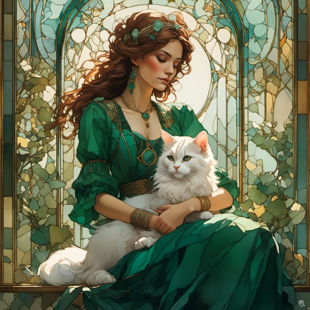 Gypsy Woman with Cat in Stained Glass Window