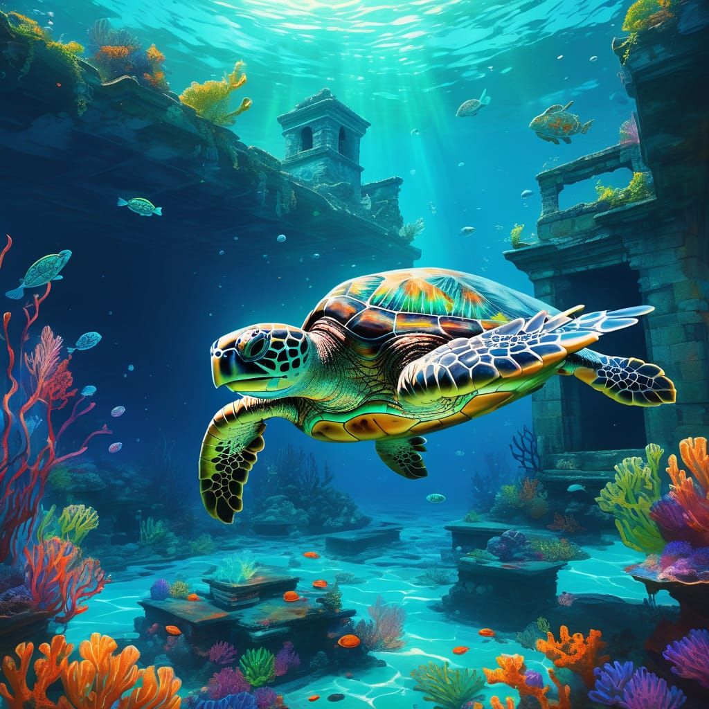 Sea Turtle in Sunken Ruins, Vibrant Oil Painting