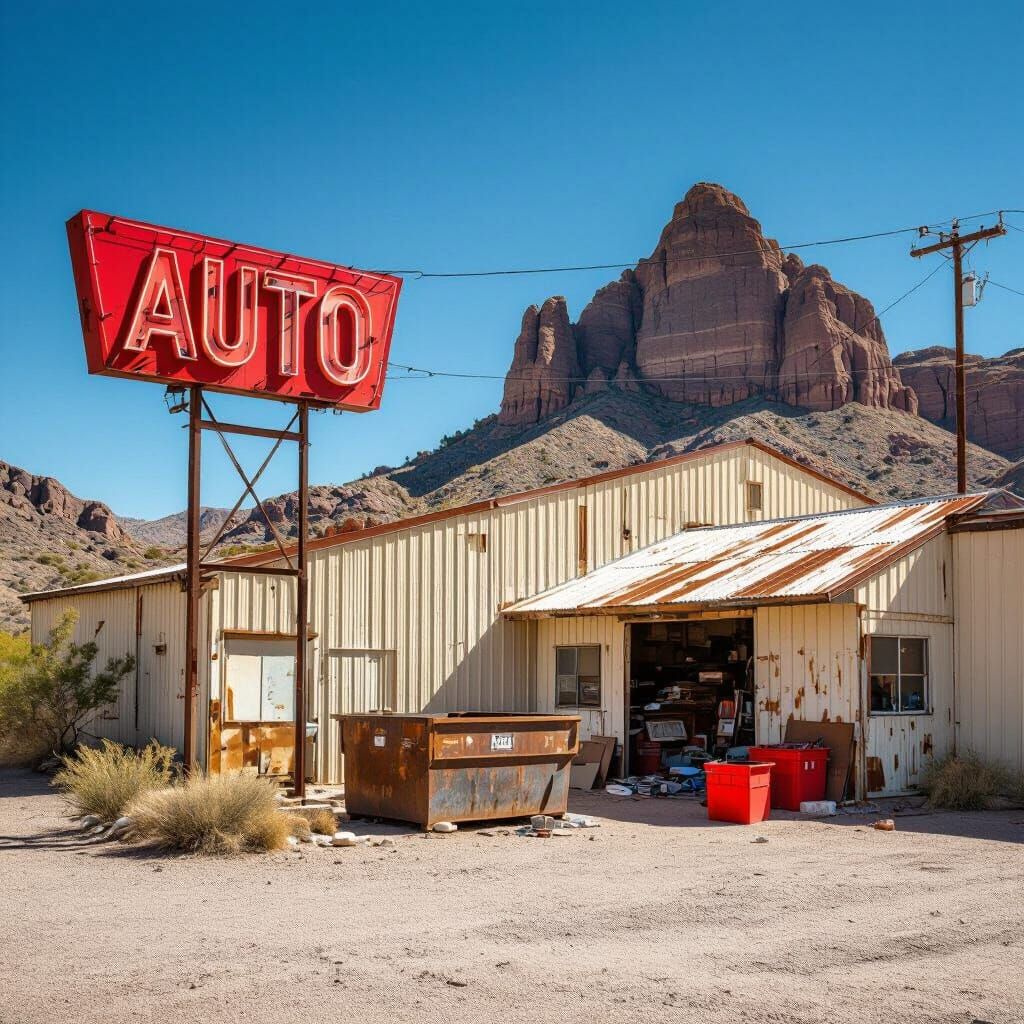 Desert Auto Parts Shop with Neon Sign