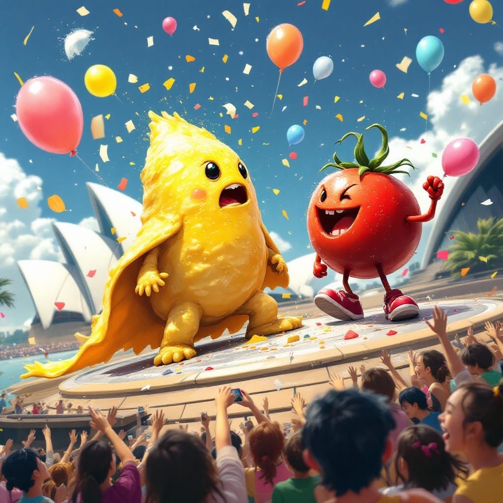 Vibrant Cartoon Egg Omelette Battles Tomato in Sydney Opera ...