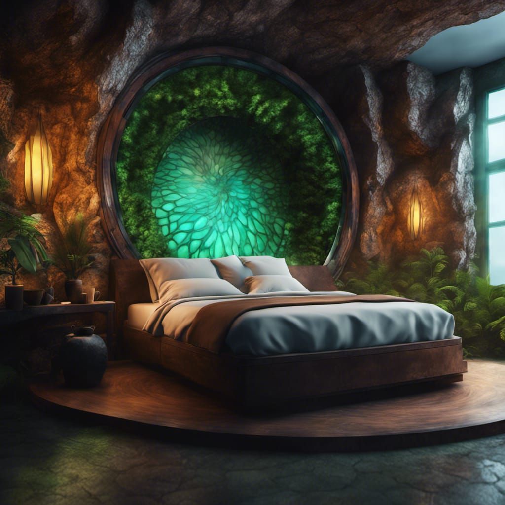 Organic Cave with Circular Bed and Stained Glass