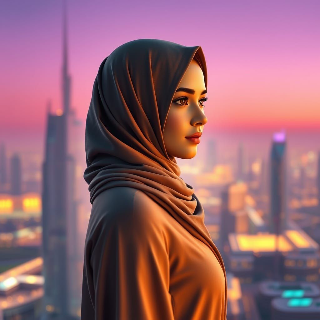 Girl in Hijab Overlooking Dubai in Cinematic Style