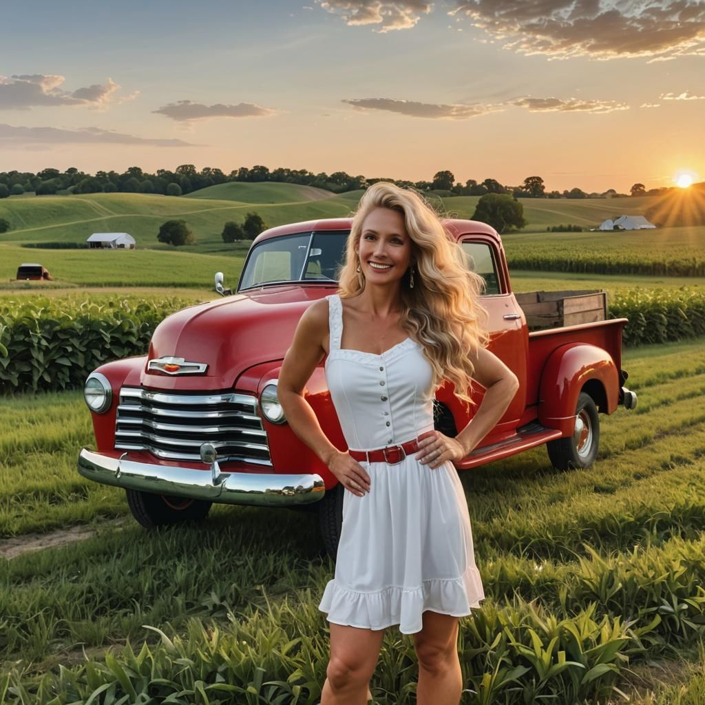 Blonde Woman with 1950s Chevy Truck at Sunset