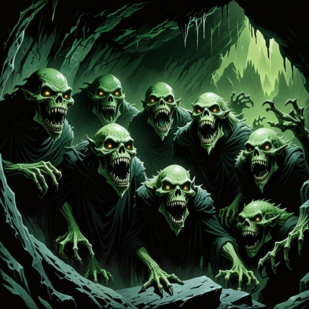 Ghouls Lurking in Dark Cave: Gritty Fantasy Illustration