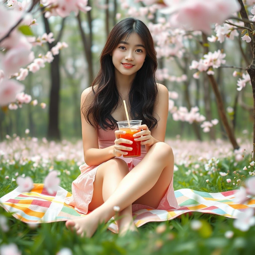 Japanese actress on a colorful picnic sheet amidst cherry bl...
