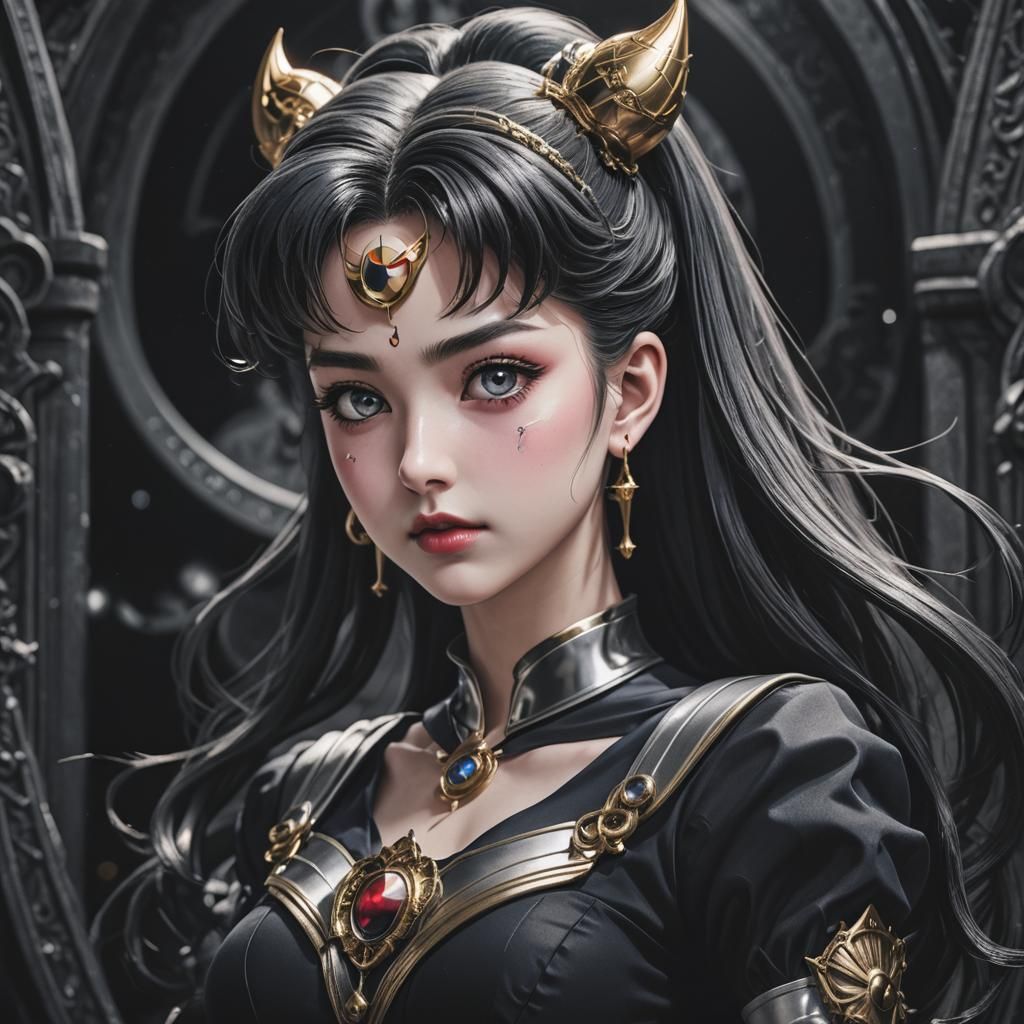 Medium shot of Sailor Moon, black gothic style lady, intrica...