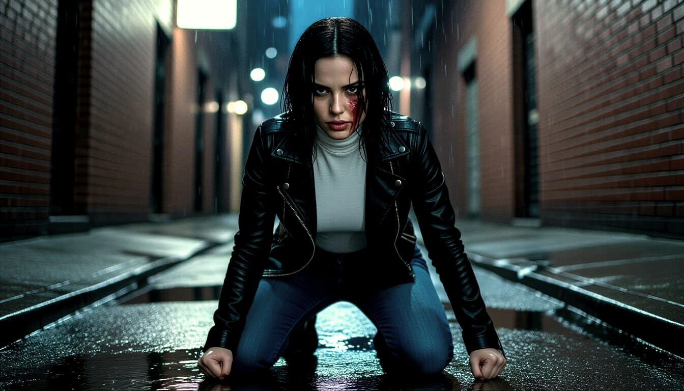 Resilient Woman Rising in Rainy New York Alley