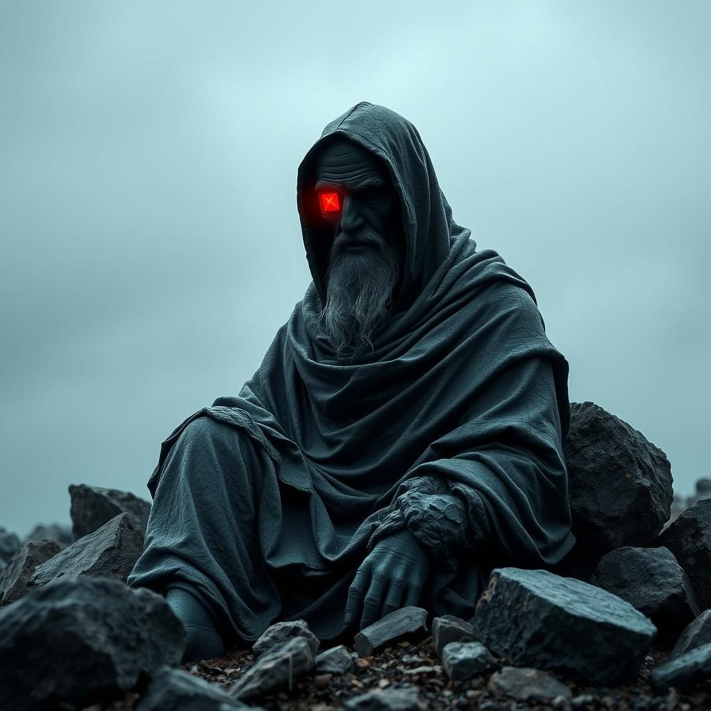Eerie Stone Statue with Red Square, Surreal Style