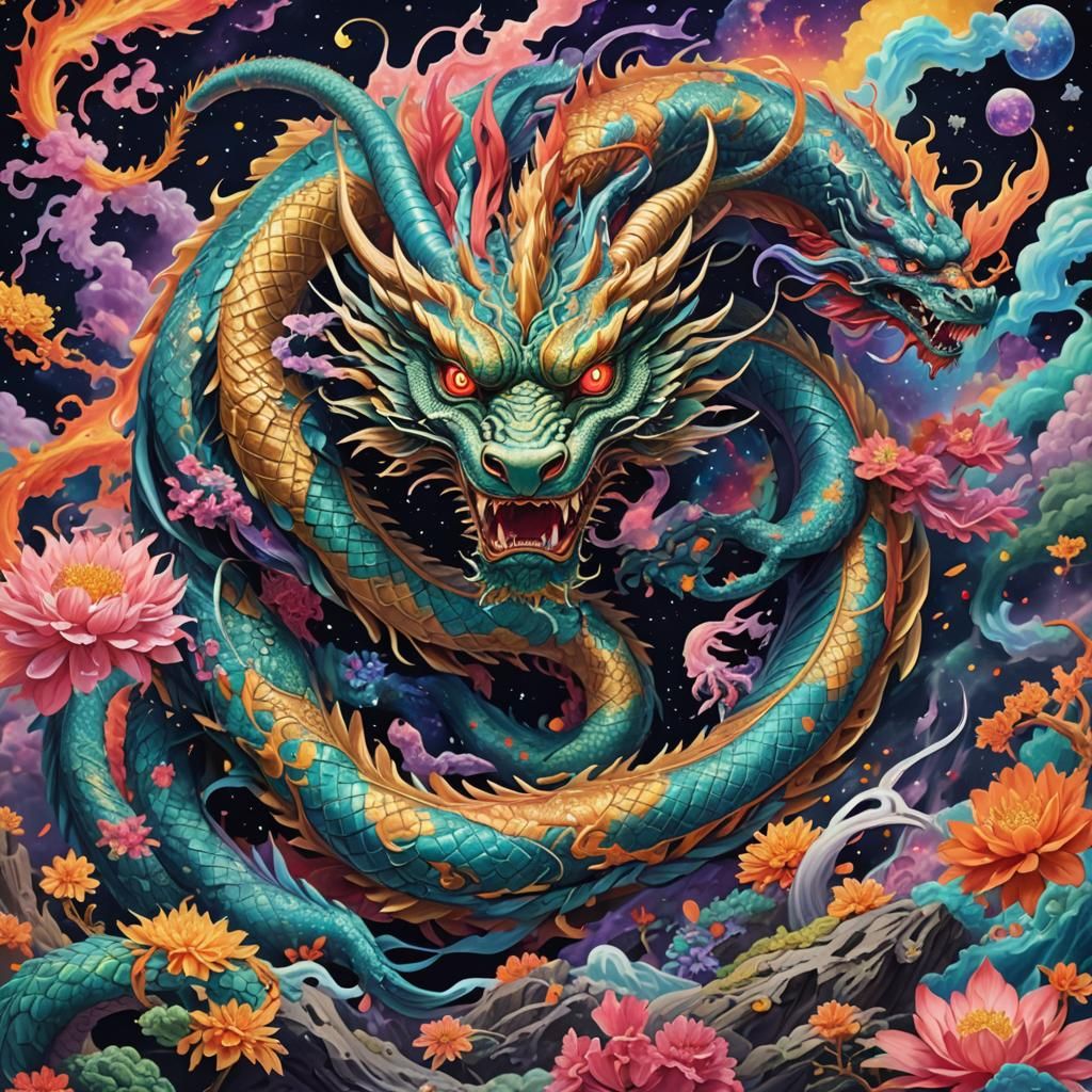 Japanese Dragon Multiverse Odyssey in Mixed Media