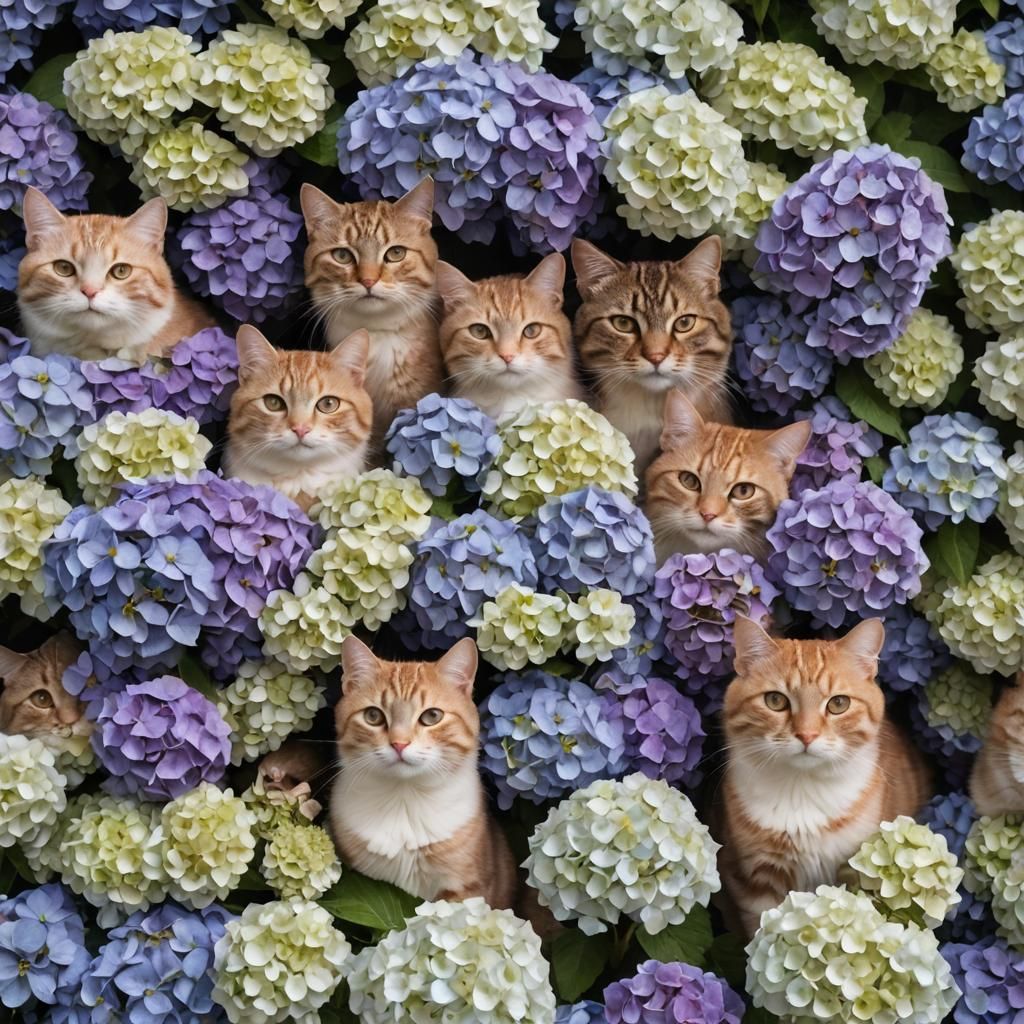 Cat Heads in Hydrangeas: Professional Photography