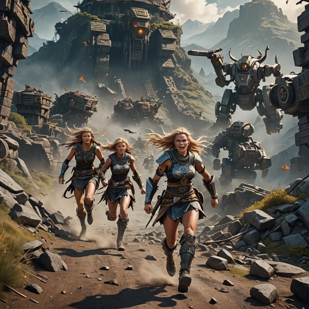 Viking Women Escape Robot on Aztec Mountain