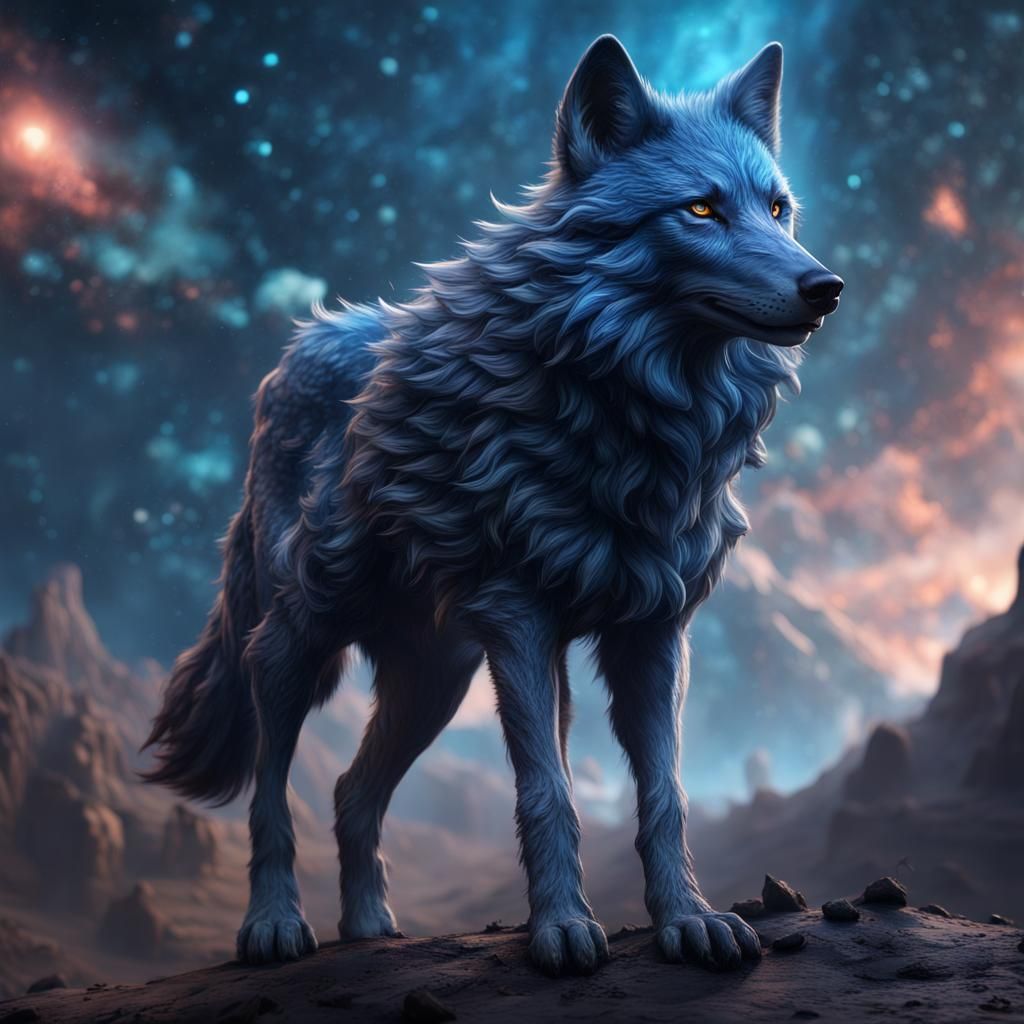 Blue Wolf Cut Girl in Galaxy, Detailed Digital Painting