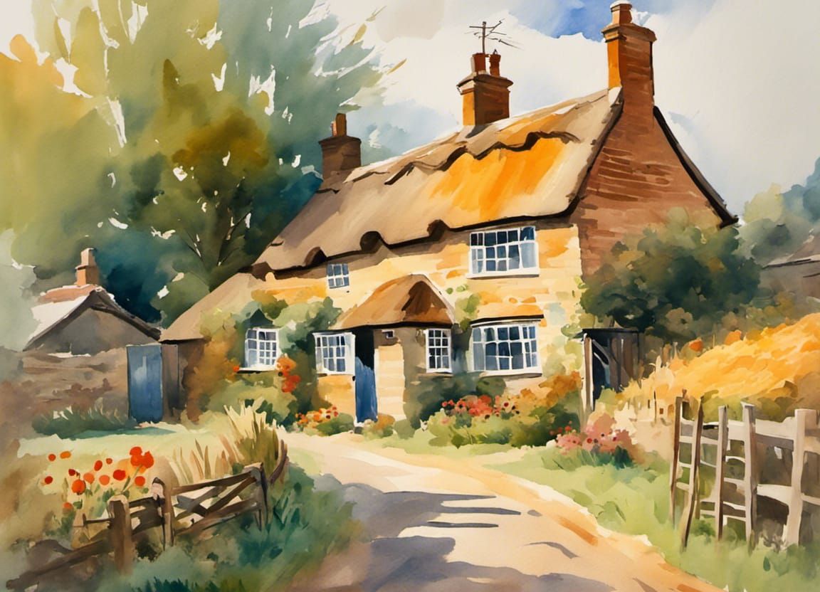 English Village Farmer's House in Gouache Style
