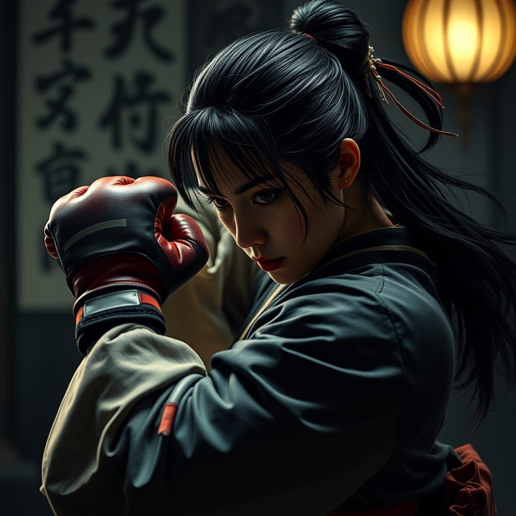 Cinematic Geisha Samurai Boxing in Film Noir Style