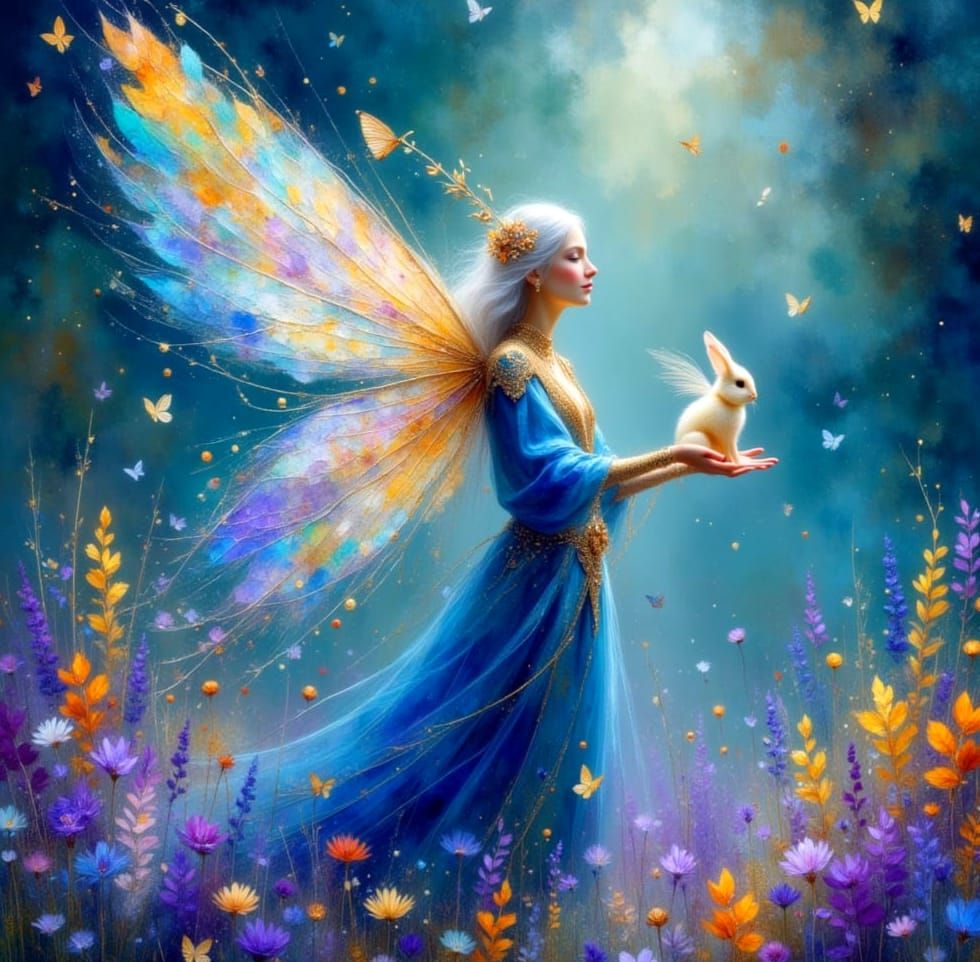 Ethereal Fairy King with Winged Bunny, Impasto Painting