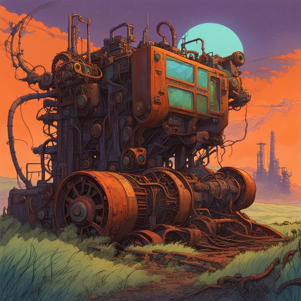 Rusted Machinery in Sci-Fi Landscape: Ligne Claire Concept A...
