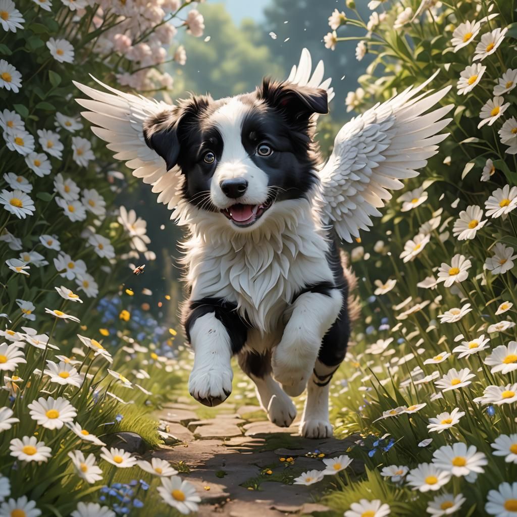 Border Collie Puppy with Angel Wings in Anime Style