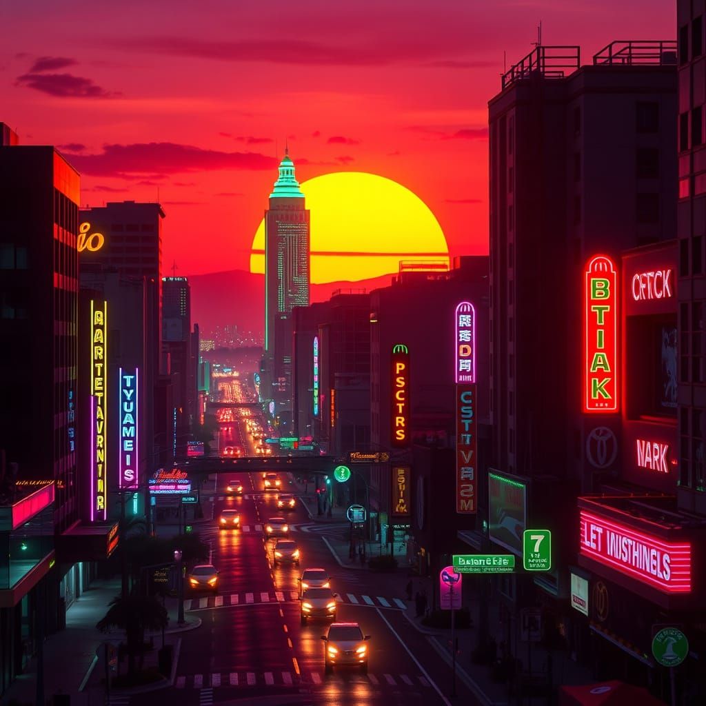 Los Angeles Cityscape in Synthwave Neon Sunset