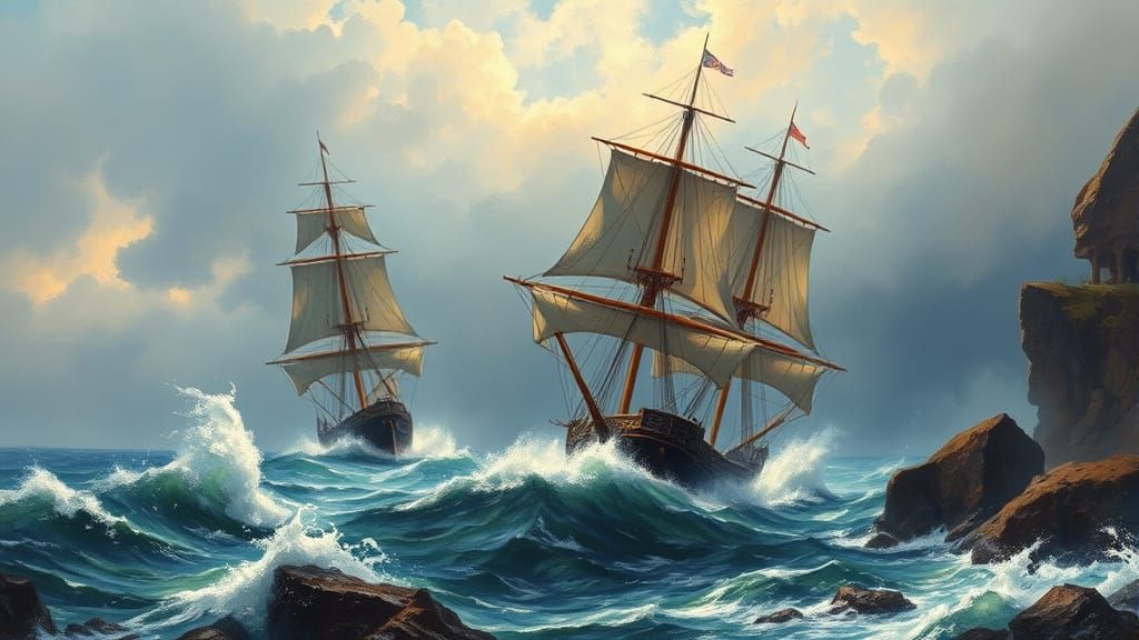 Majestic Ships Battling Storm, Maritime Art