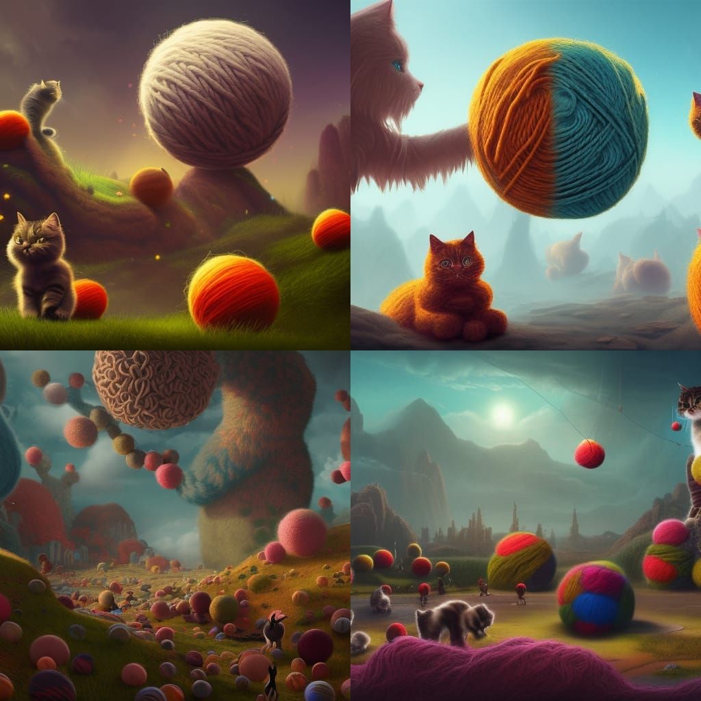 Giant Kittens Play in Yarn Ball World