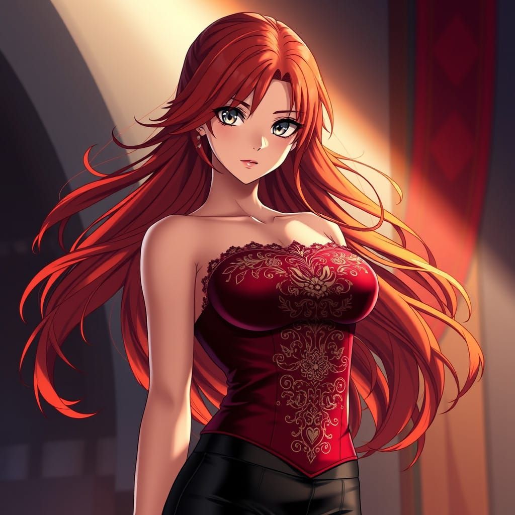 Vibrant Red-Headed Anime Goddess in Burgundy Silk