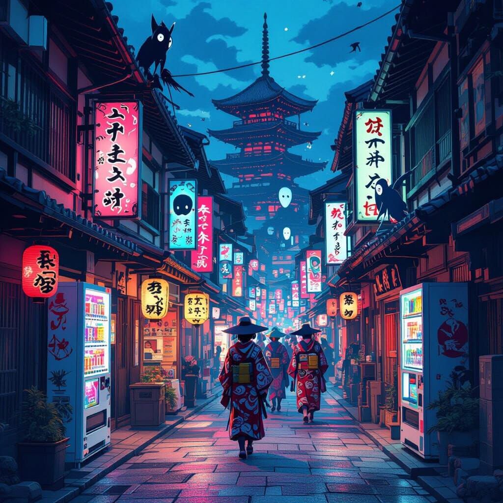 Yokai Parade in Neon Kyoto Alleys