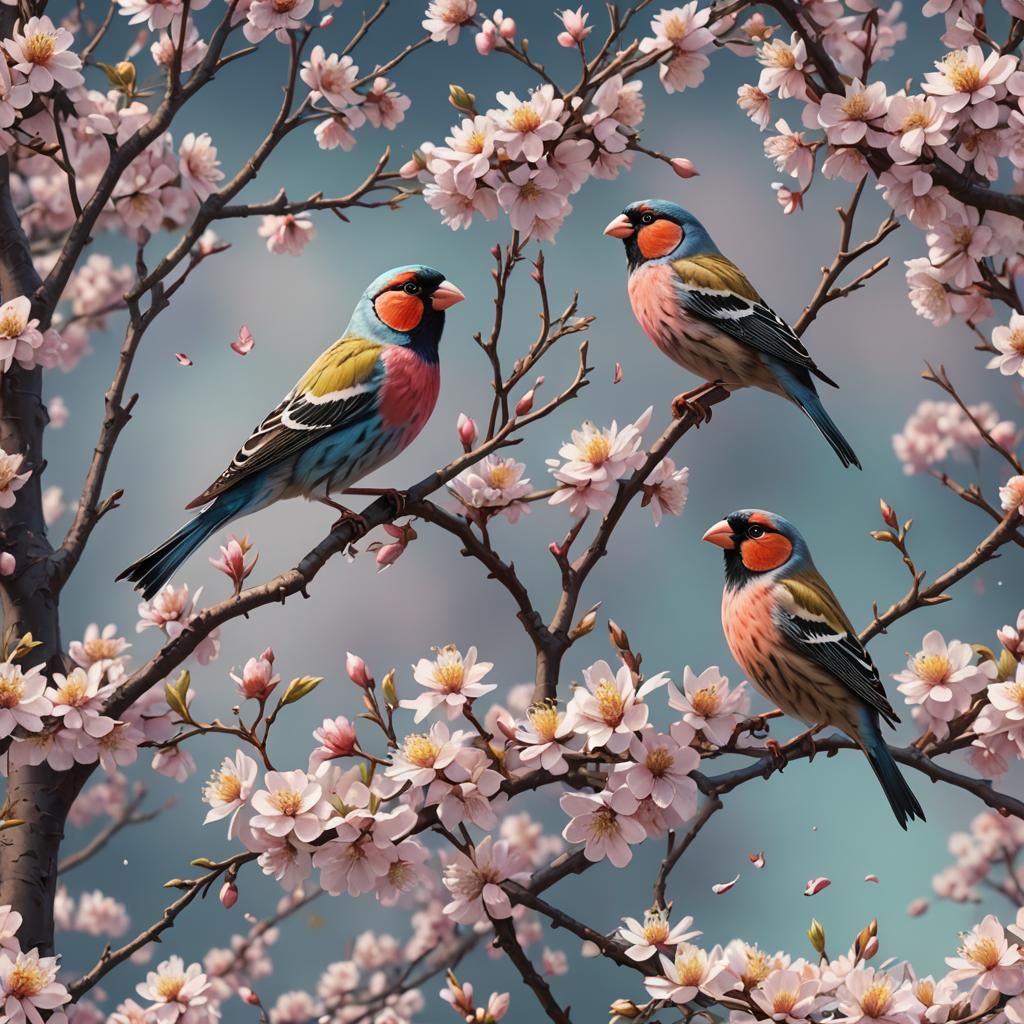 Pastel Finches on Blossom Tree: Fantasy Art