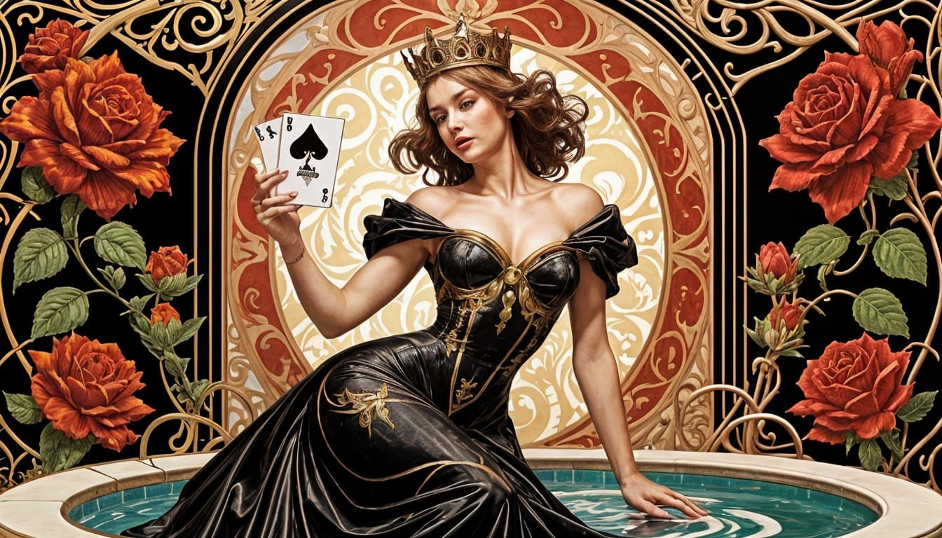 Four Royal Queens on Ornate Playing Cards in Tamara De Lempi...