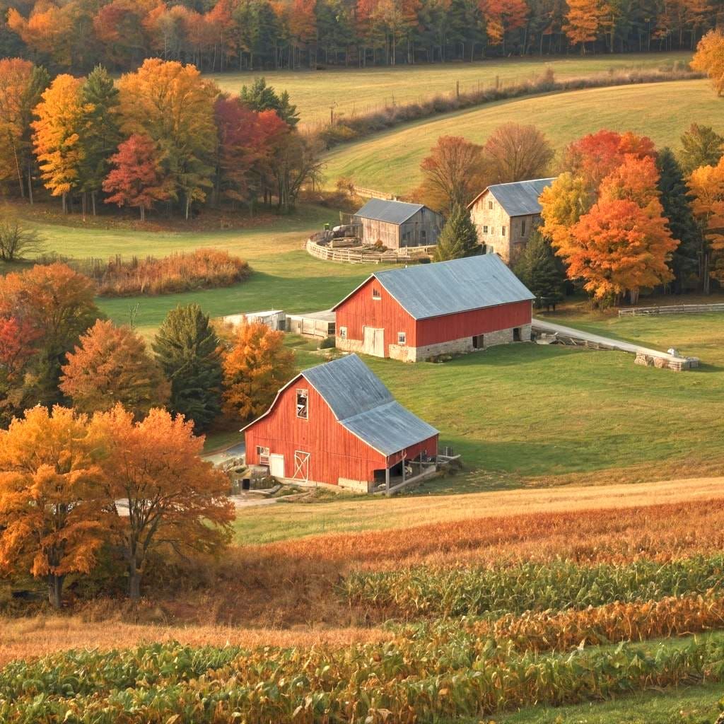 Pennsylvania limestone bank barn, barnyard, red wood siding, circa 1755, Lancaster County, autumn, harvested, stone farm...