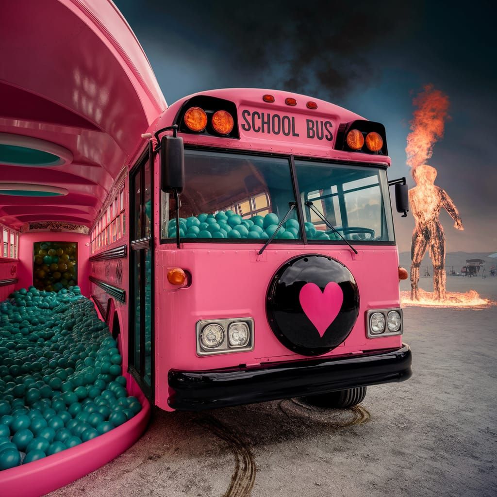 Burning Man's Pink Love Bus with Teal Ball Pit