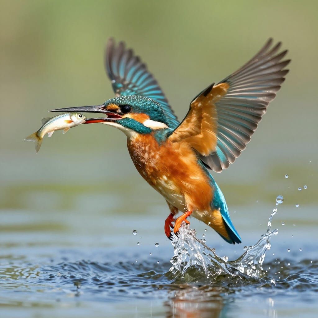 Kingfisher Bird Action Shot Capturing Fish Above Water
