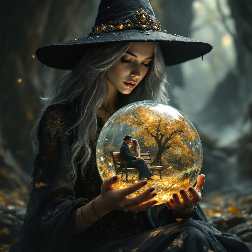 Witch Cradles Crystal Sphere with Mysterious Couple