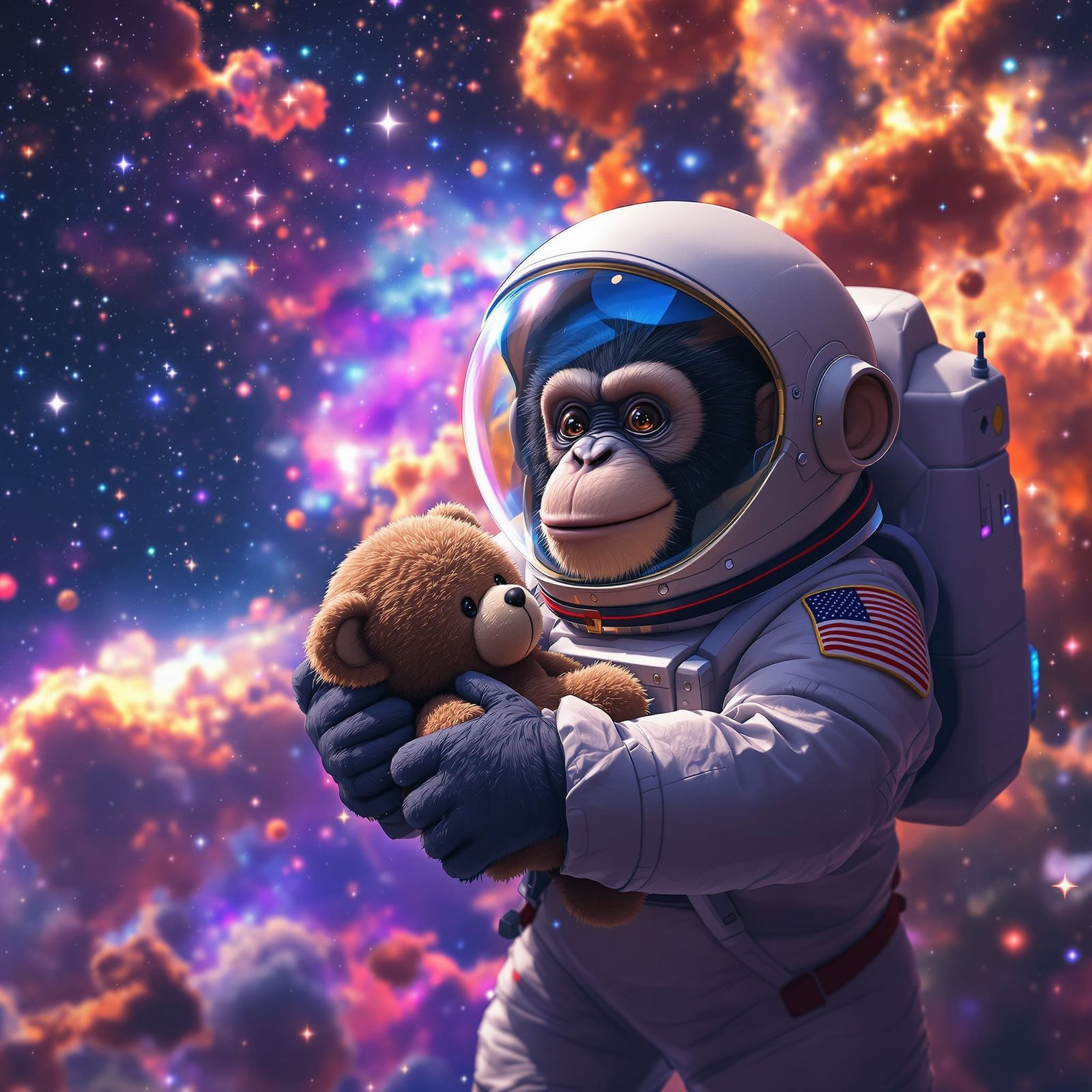 Chimpanzee Astronaut Drifting Through Nebula in Anime Style