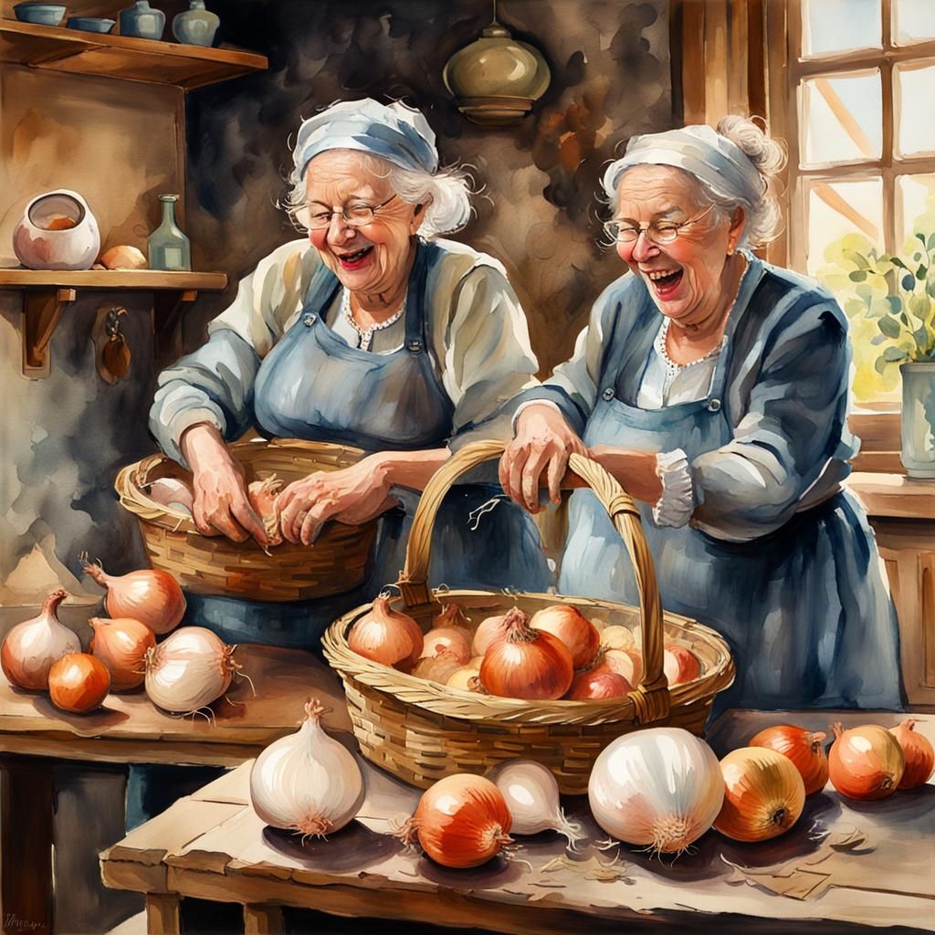 Laughing Women Peeling Onions: Watercolour Gouache Painting