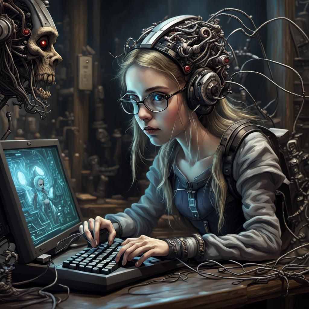 Nerdy Gamer in a Cybernetic Gothic Horror Scene