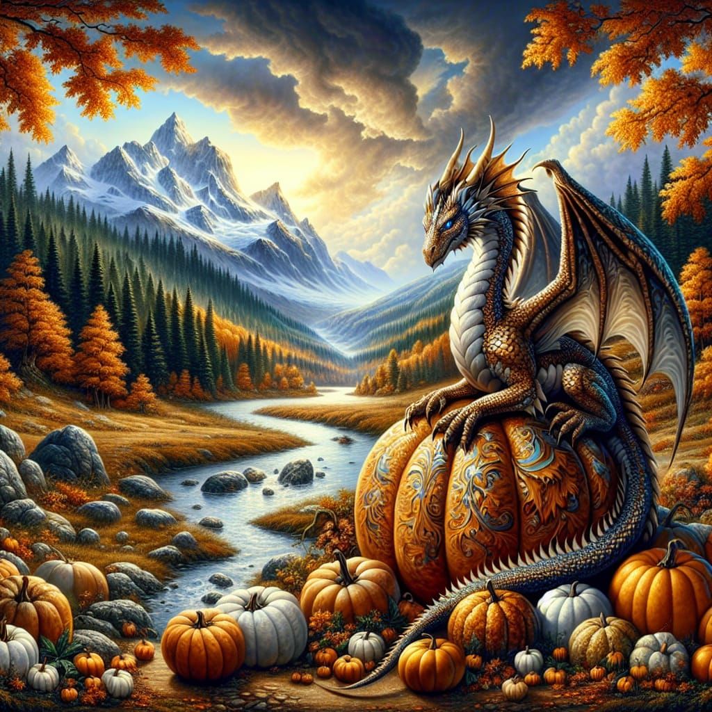 Dragon on Pumpkin in Autumn Landscape