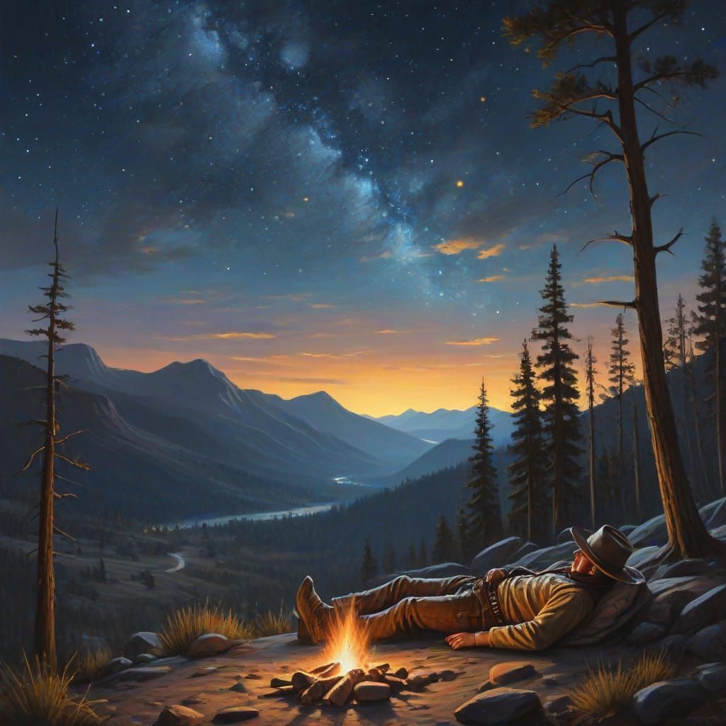 Cowboy Contemplates Starry Night: Oil Painting