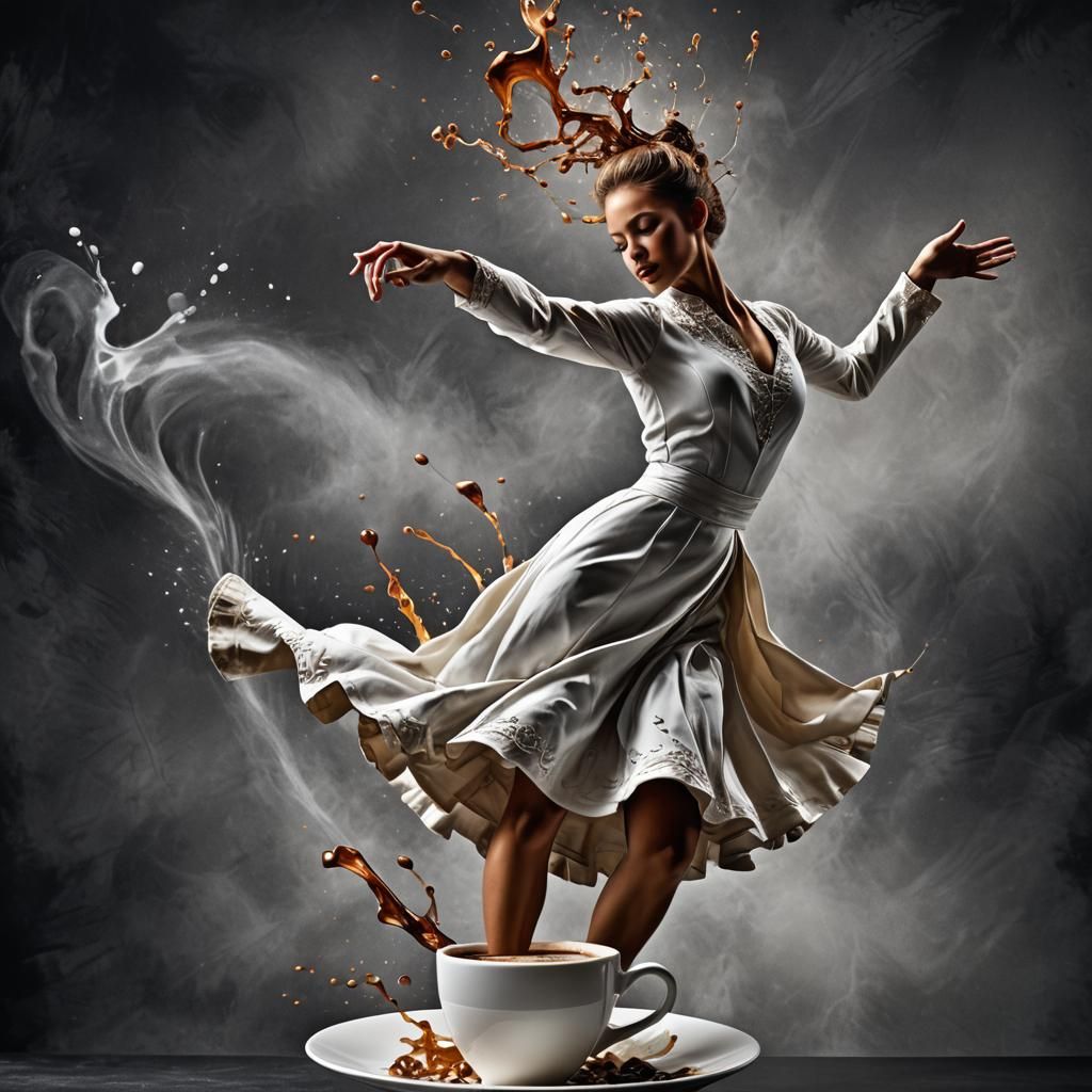 Elegant Coffee Dancer in Dramatic Splash Art Style