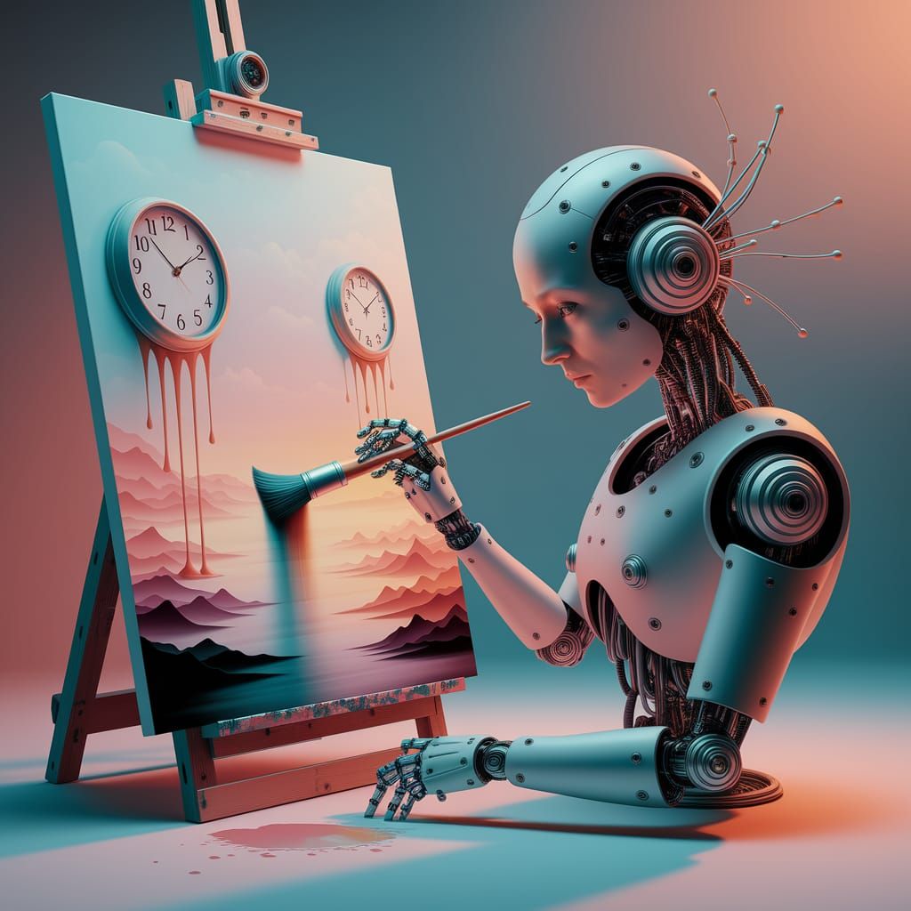 Surrealist Robot Painter in Soft Pastel Tones