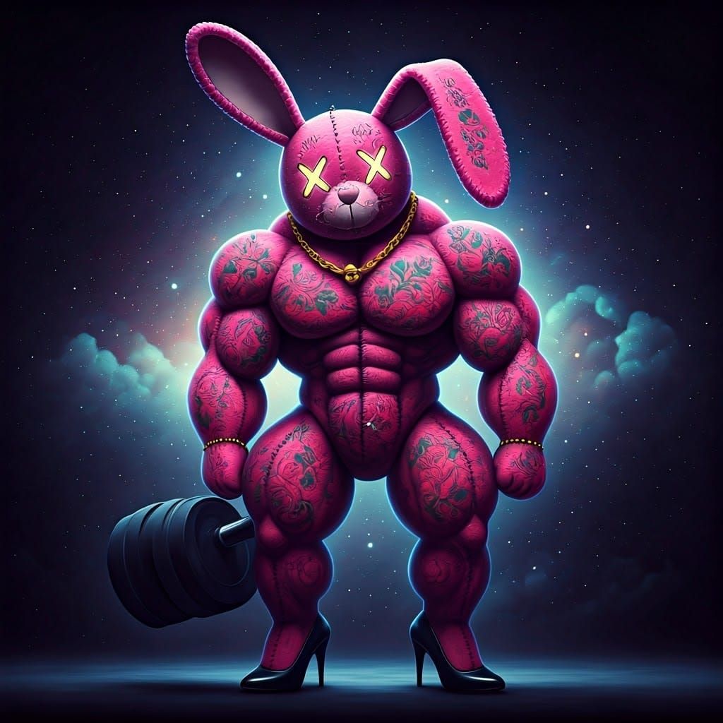 Muscular Pink Rabbit with Tattoos in Cosmic Setting