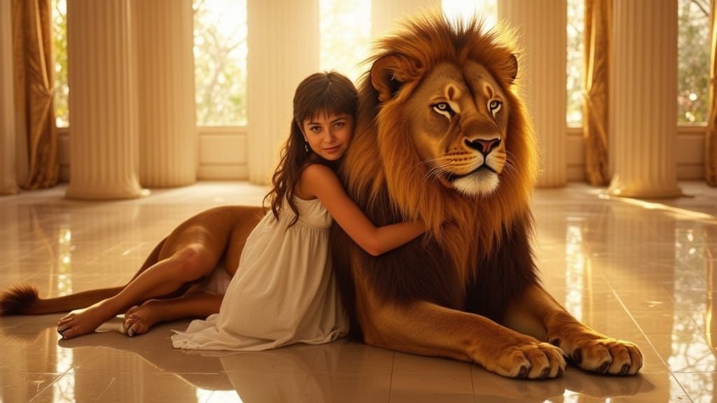 Girl Embraces Golden Lion in Crystal Chamber