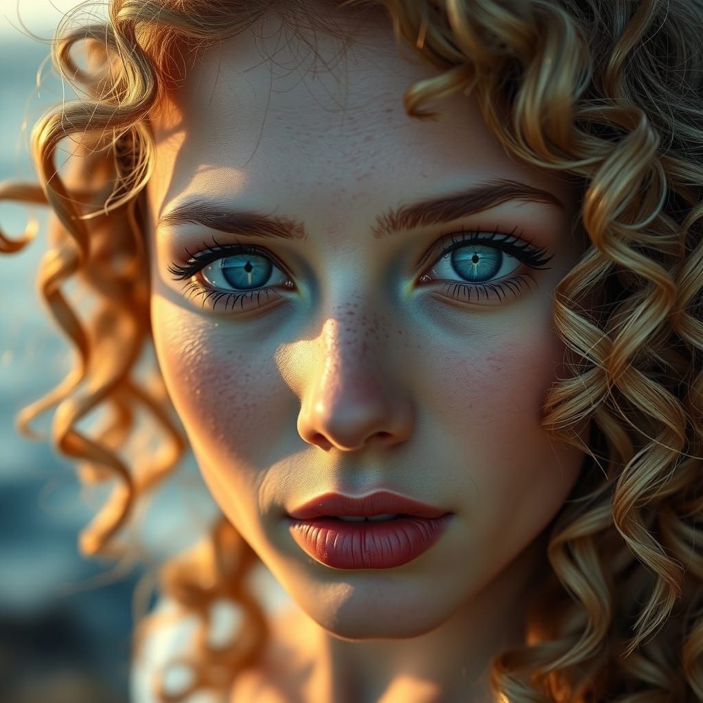 Serene Golden Hour Portrait of a Curly Blonde Woman