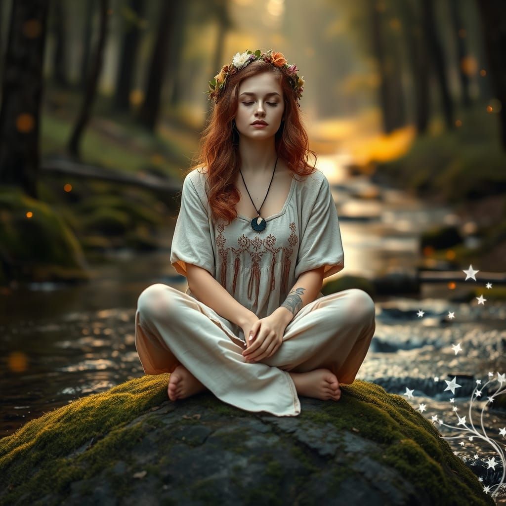 Slavic Woman in Forest Stream: Poetic Realism