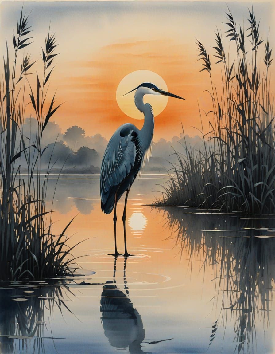 Serene Grey Heron in Shallow Water, East Asian Ink Wash Styl...